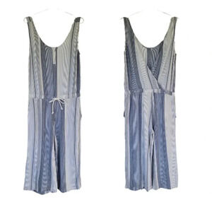 Anthropologie Cloth & Stone Striped Jumpsuit Cropped Linen Blend White Blue M